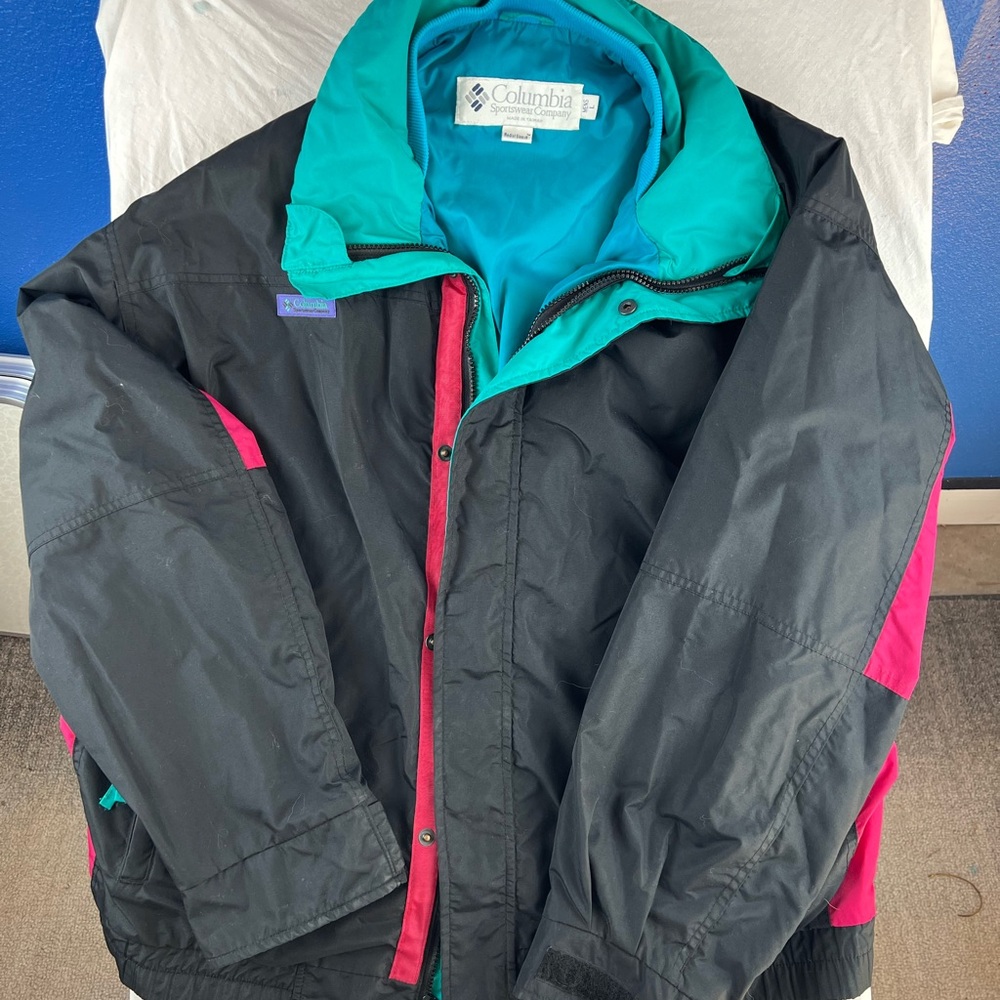 Vintage 90s Columbia Windbreaker Jacket Black Teal Pink Colorblock Men's L Y2K